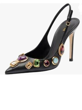 FYS Black Pointed Toe Slip on Pumps High Heel Slingbacks Rhinestone Studs Shoes